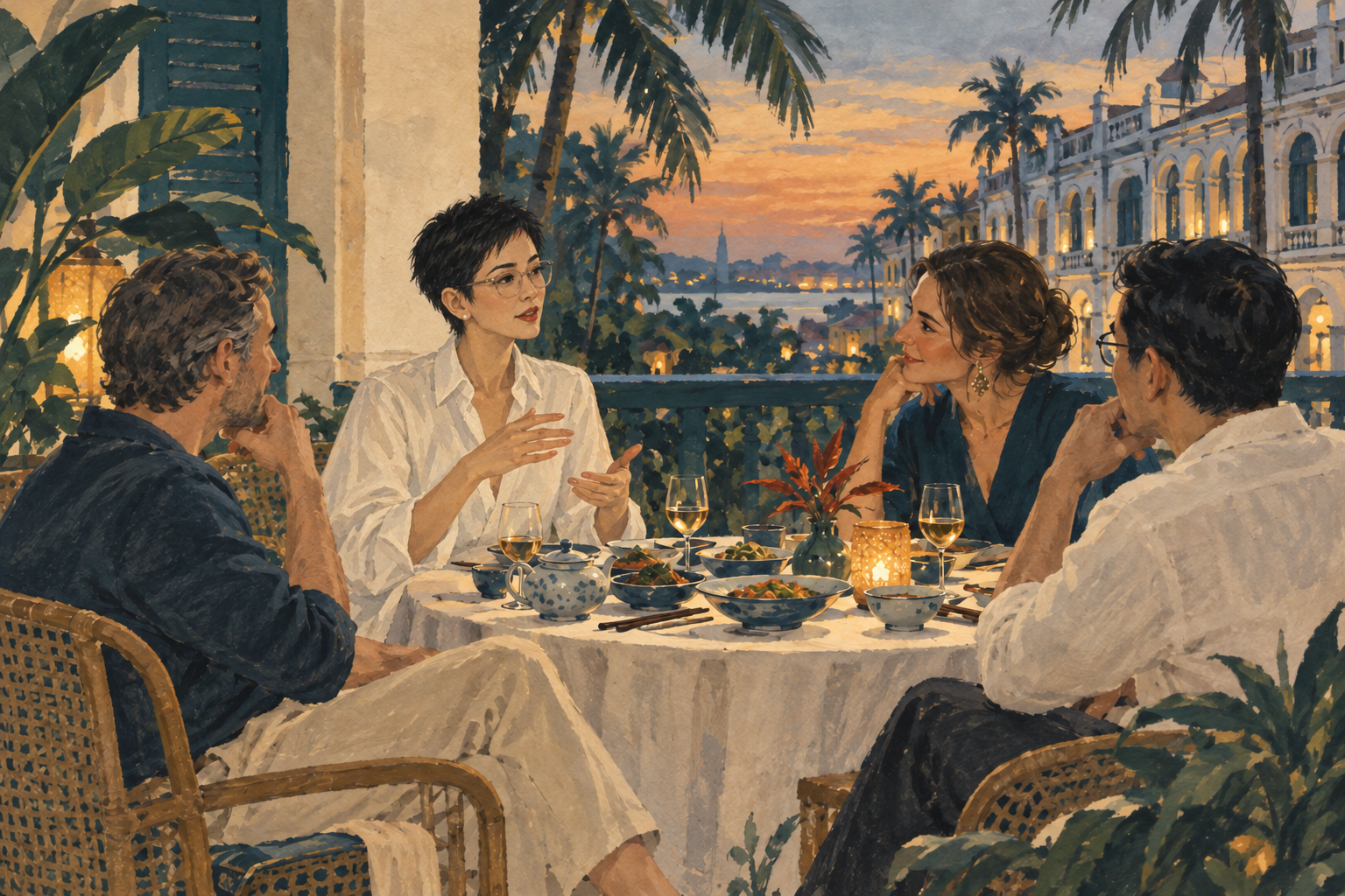 Illustration of a private dinner and conversation in Haikou