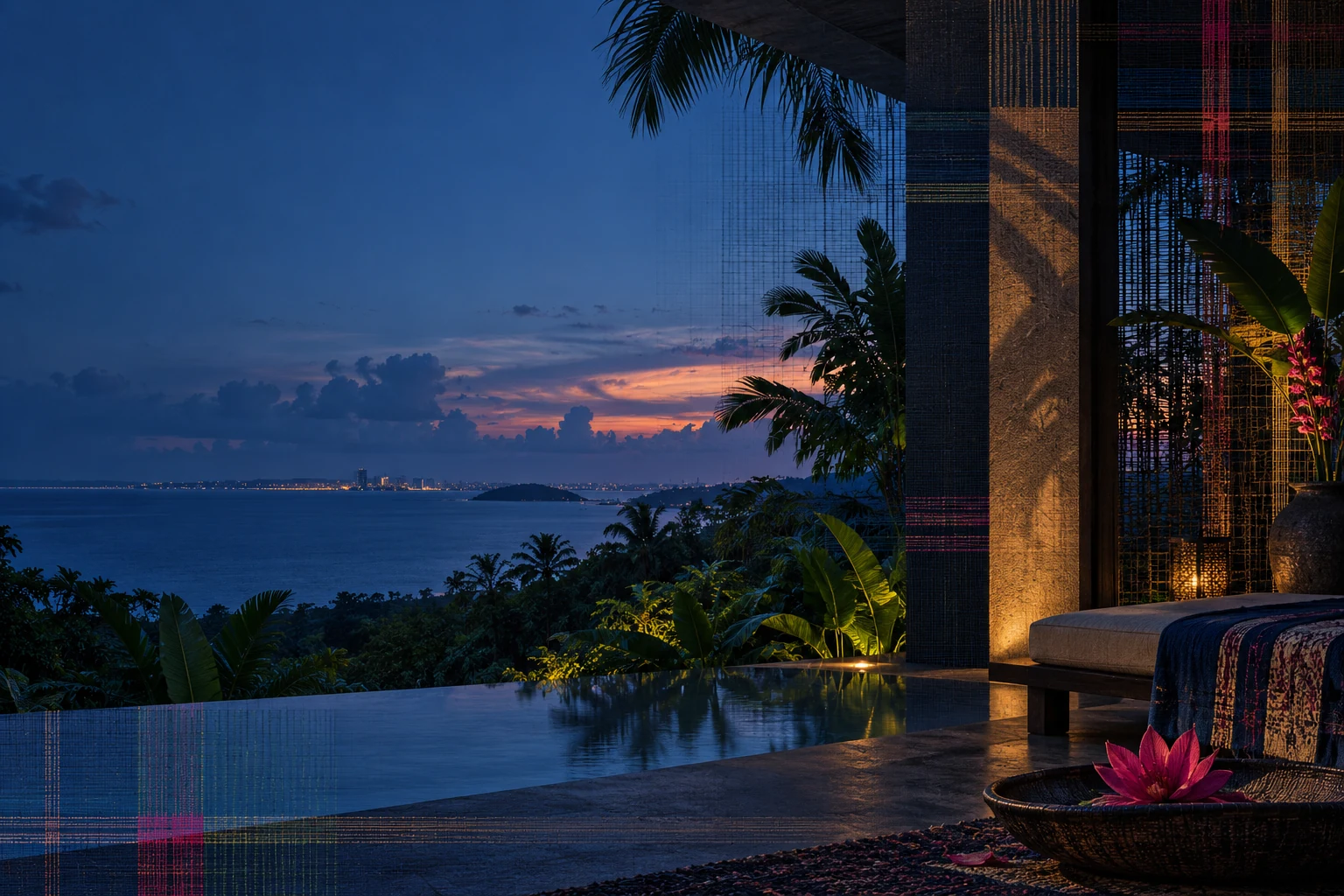 Coastal evening with palms and textile-inspired details