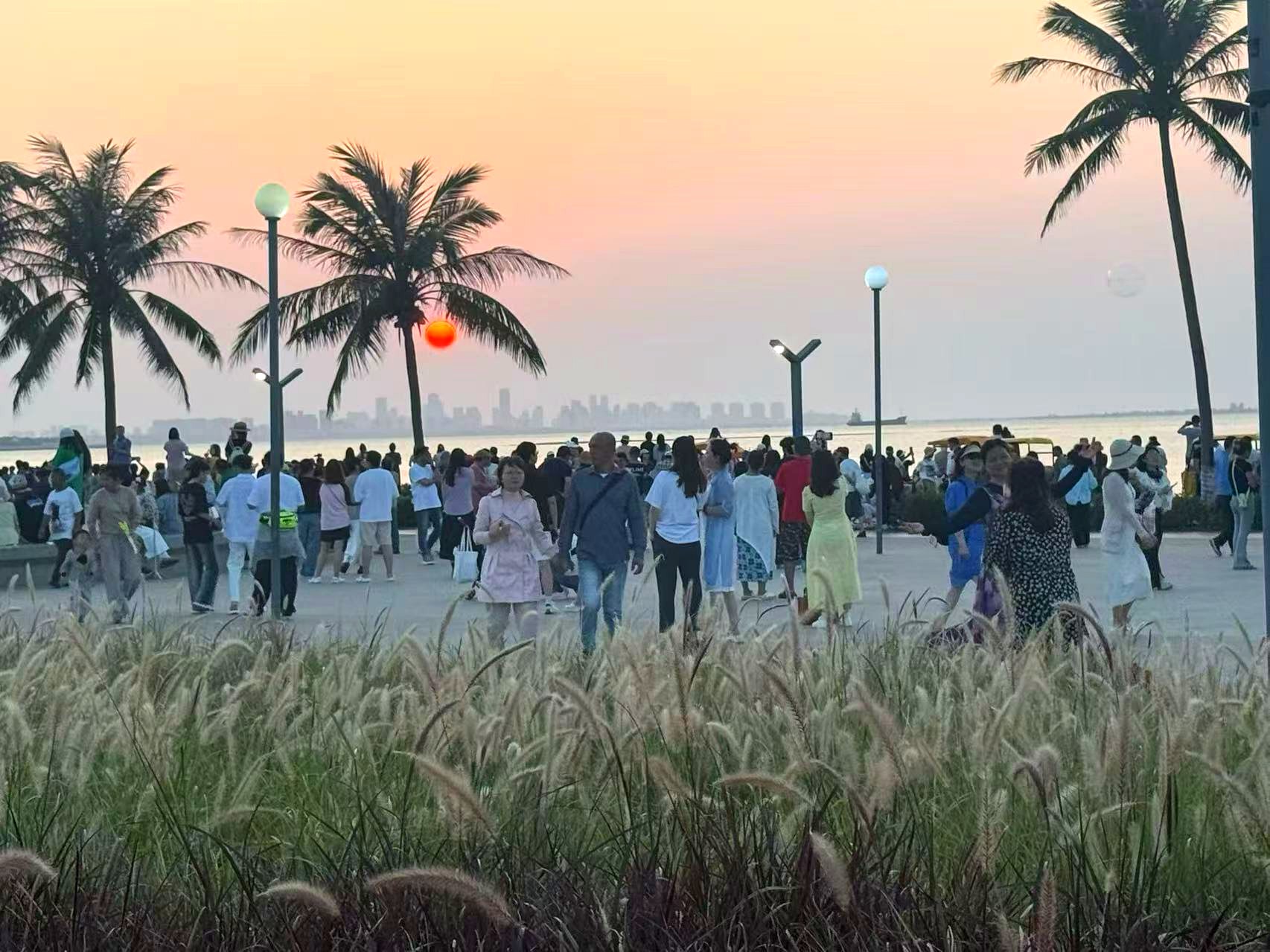 Haikou sunset with palm trees and crowd